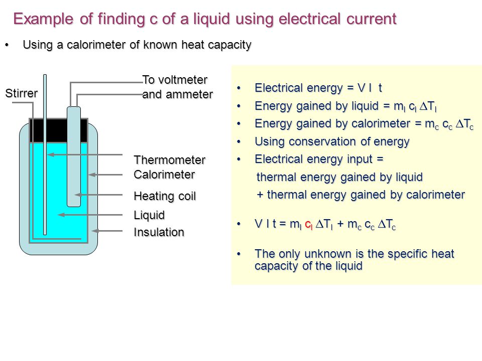 How to determine the specific heat capacity of a solid and liquid using an electrical method?